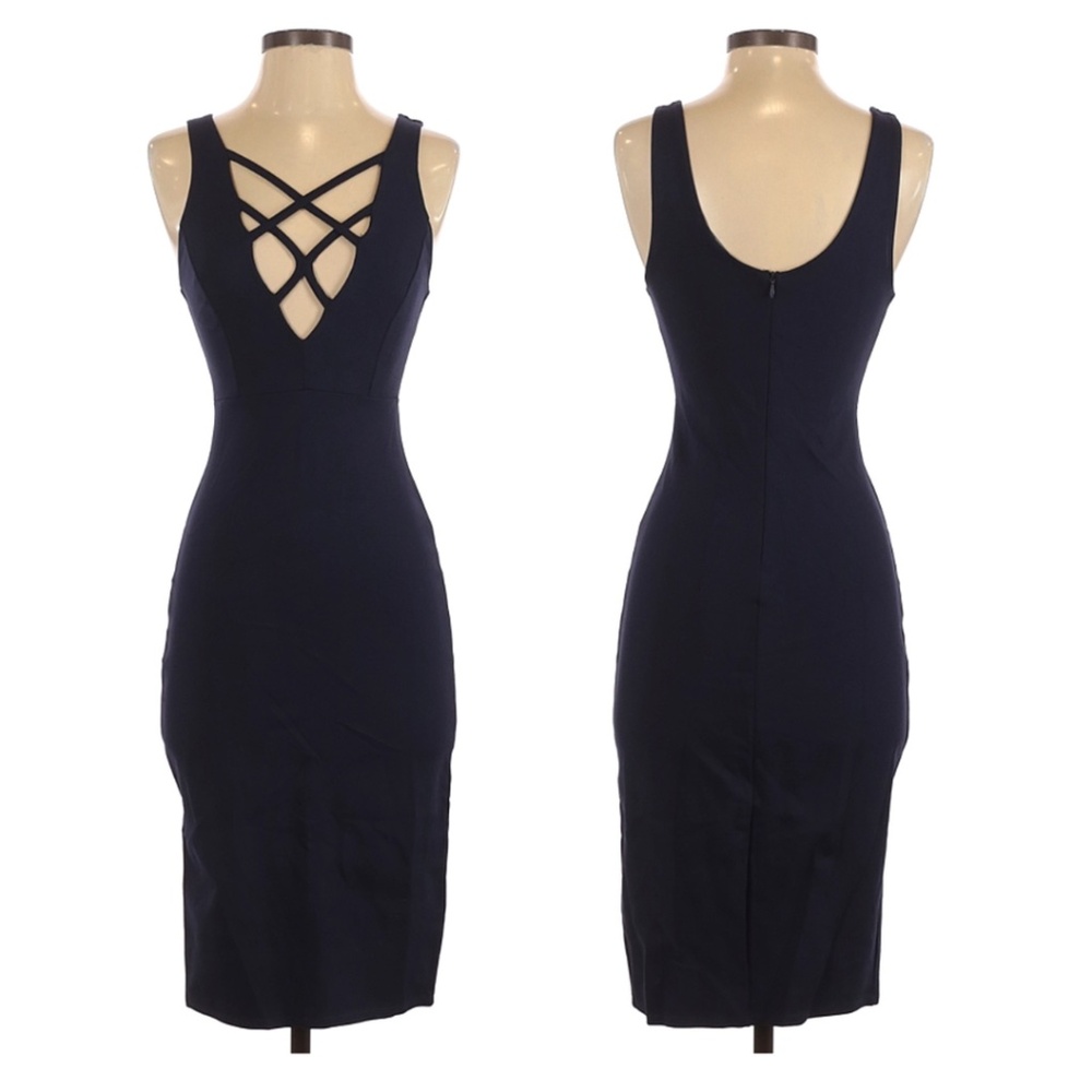 Solemio ♡ Deep Blue Bodycon Dress w Criss-cross V-neck - (wedding guest!)